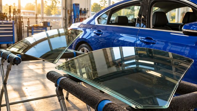 Два боковых автомобильных стекла на стойках рядом с синим автомобилем в мастерской
