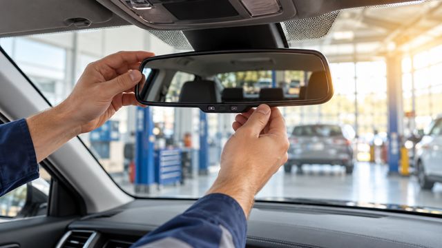 Салонное зеркало с автозатемнением на лобовом стекле, которое осматривают в светлой мастерской