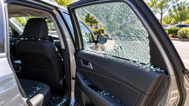 Разбитое боковое стекло открытой двери автомобиля с мелкими осколками на обивке