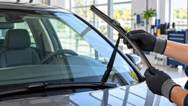 Мастер проверяет резиновую кромку щётки стеклоочистителя рядом с новым лобовым стеклом