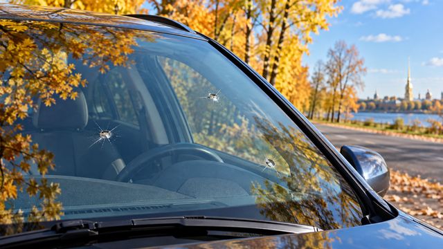 Три отдельных скола на лобовом стекле автомобиля на фоне яркой осенней дороги
