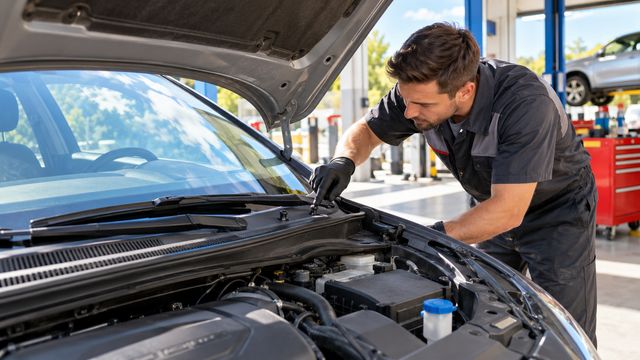 Специалист осматривает форсунки омывателя у основания лобового стекла автомобиля