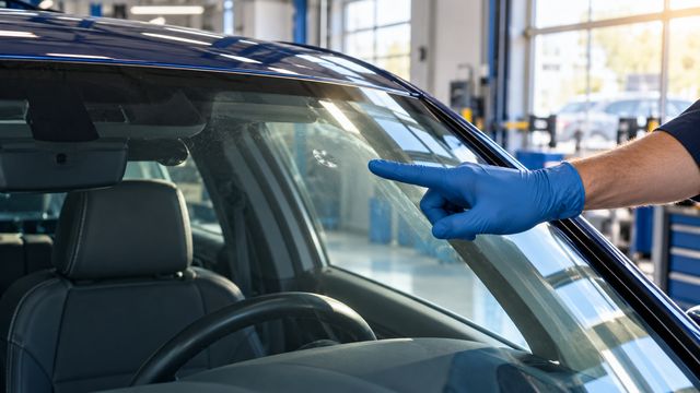 Мастер показывает небольшой овальный дефект в толще лобового стекла автомобиля