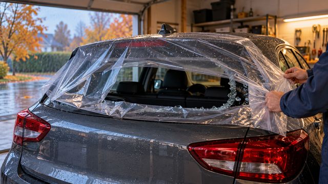 В гараже временно укрывают проём разбитого заднего стекла от осеннего дождя