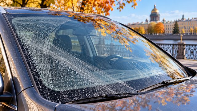 Следы дорожного налёта и движения щёток на лобовом стекле автомобиля в солнечный осенний день