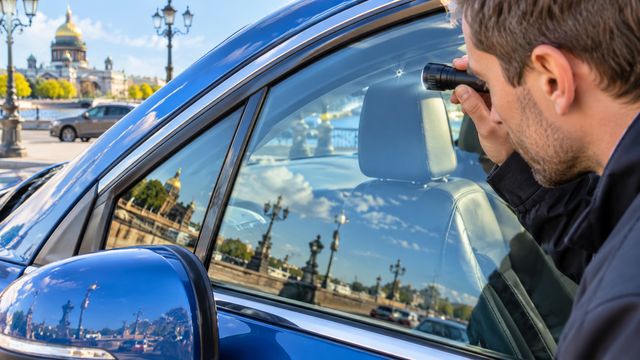 Специалист осматривает небольшой скол у верхнего края бокового стекла автомобиля