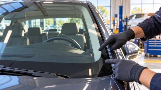Мастер показывает небольшой скол у нижней части лобового стекла автомобиля в светлой мастерской