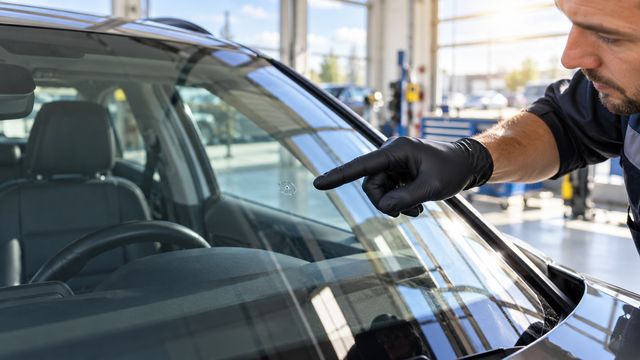 Мастер показывает небольшой след отремонтированного скола на лобовом стекле автомобиля