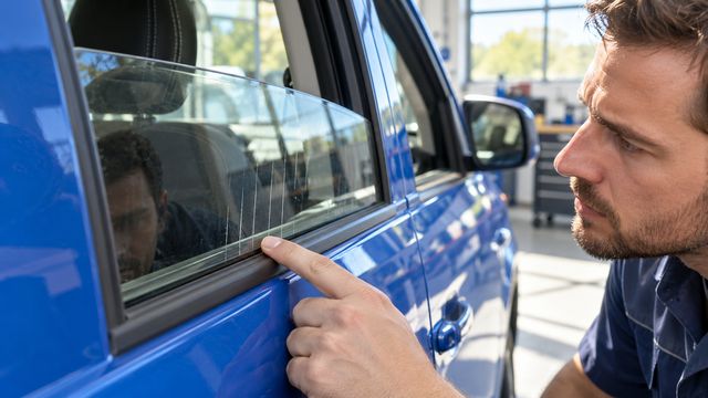 Специалист осматривает вертикальные следы и нижний уплотнитель бокового стекла