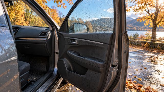Капли дождя на боковом стекле и влажный порог открытой автомобильной двери