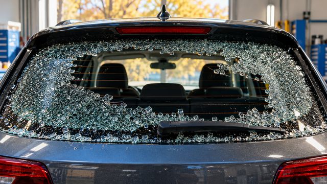 Разрушенное заднее стекло хэтчбека с видимыми нитями обогрева в мастерской