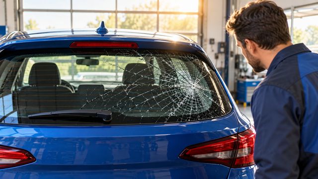 Заднее стекло хэтчбека покрыто трещинами, но остаётся в проёме