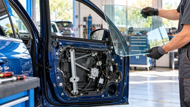 Мастер держит новое боковое стекло возле двери автомобиля с открытым доступом к механизму стеклоподъёмника