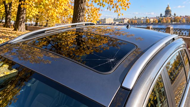 Трещина на небольшой стеклянной панели люка автомобиля на фоне осенних деревьев